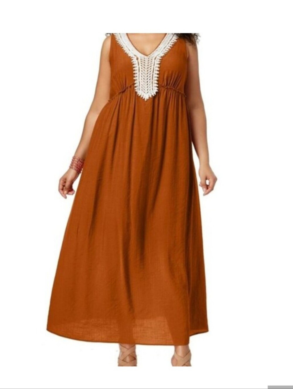Sleeveless Rust Maxi Dress with White Crochet V-Neck 2X - Picture 1 of 4